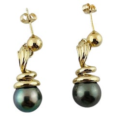 Vintage 14K Yellow Gold Black Pearl Dangle Earrings #15936