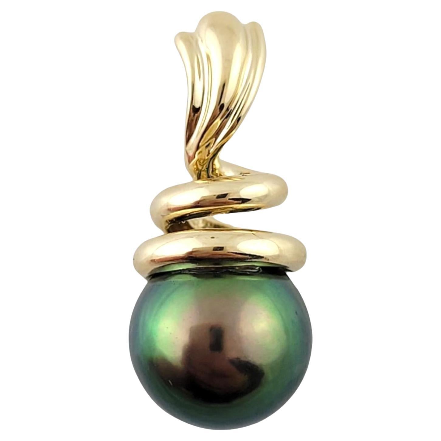 14K Yellow Gold Black Pearl Drop Pendant #16282 For Sale