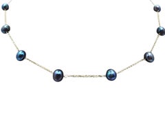 14K Yellow Gold Black Pearl Station Necklace #25782