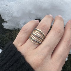 14k Yellow Gold Black Stones Overlapping Open Work Stack Look Band Ring