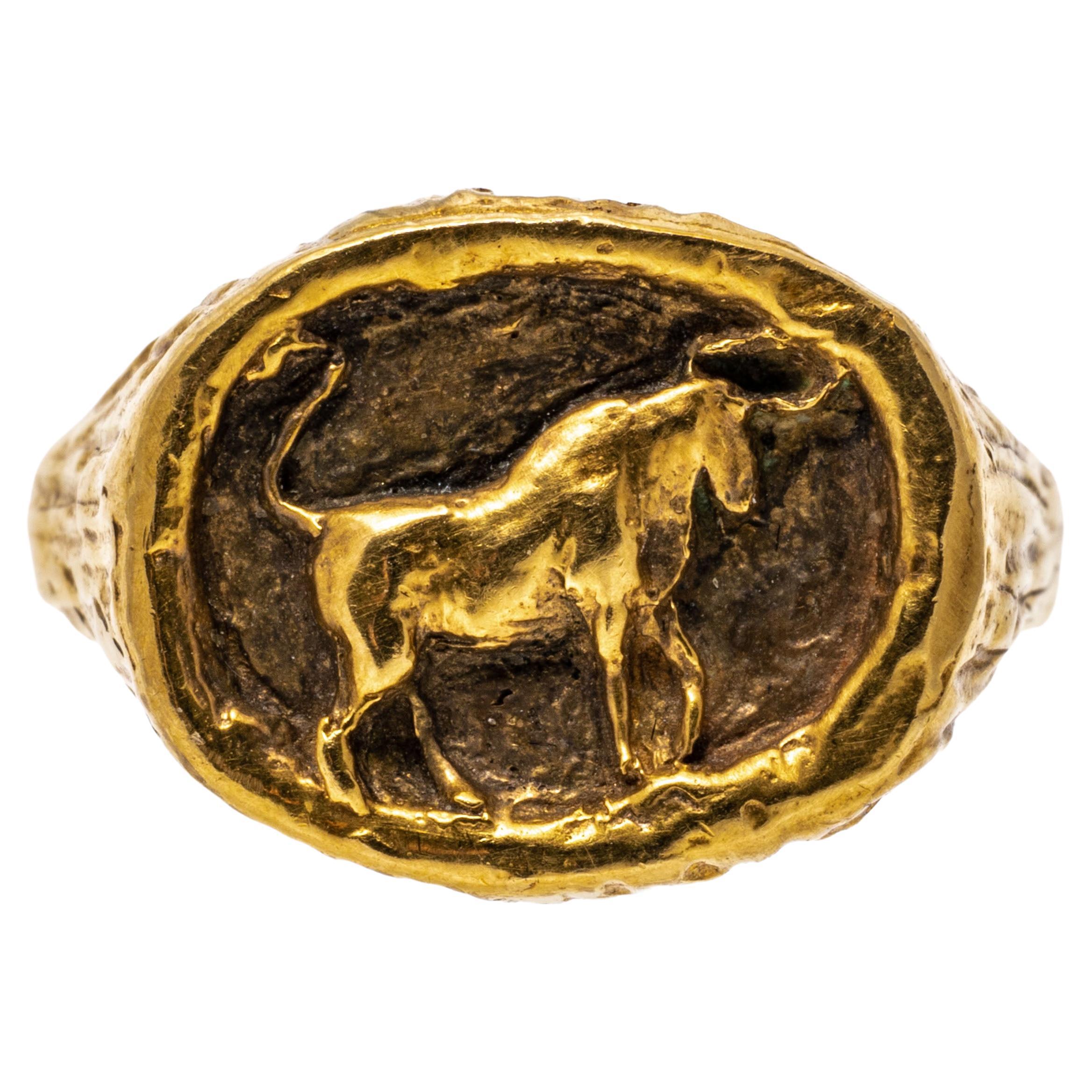 14k Yellow Gold Blackened Horizontal Oval Taurus Motif Ring For Sale