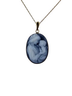 14K Yellow Gold Blue Agate Mother & Child Cameo Pendant Necklace #24586