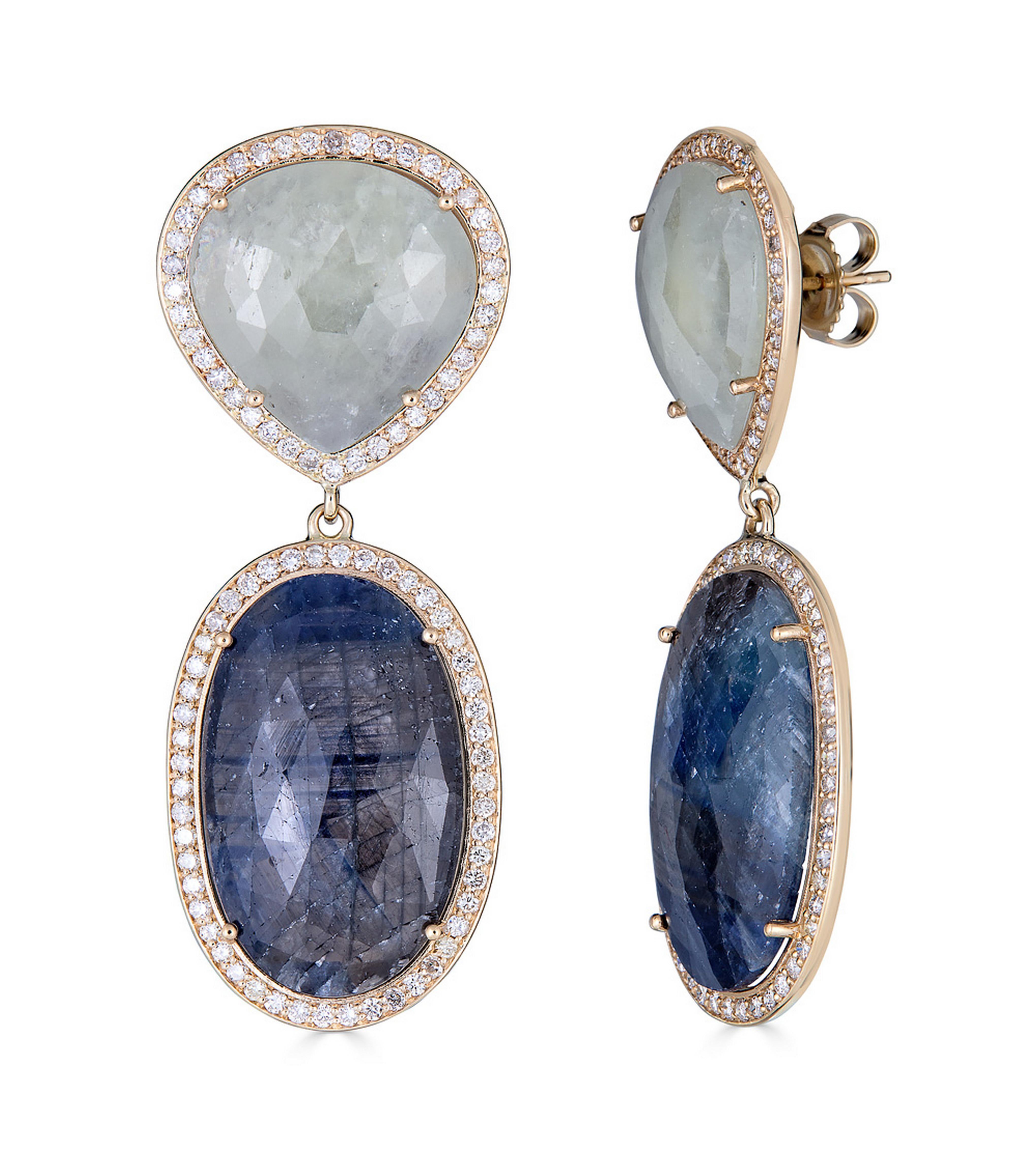 14 Karat Yellow Gold Blue and Cream Sapphire Slice and Diamond Drop Earrings In New Condition For Sale In New York City, NY