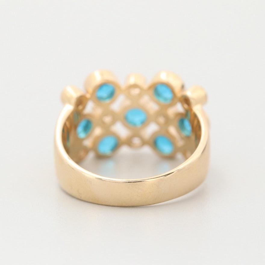 Modern 14 Karat Gold Blue Apatite and White Zircon Ring Bezel Set 3-Row Fashion Ring