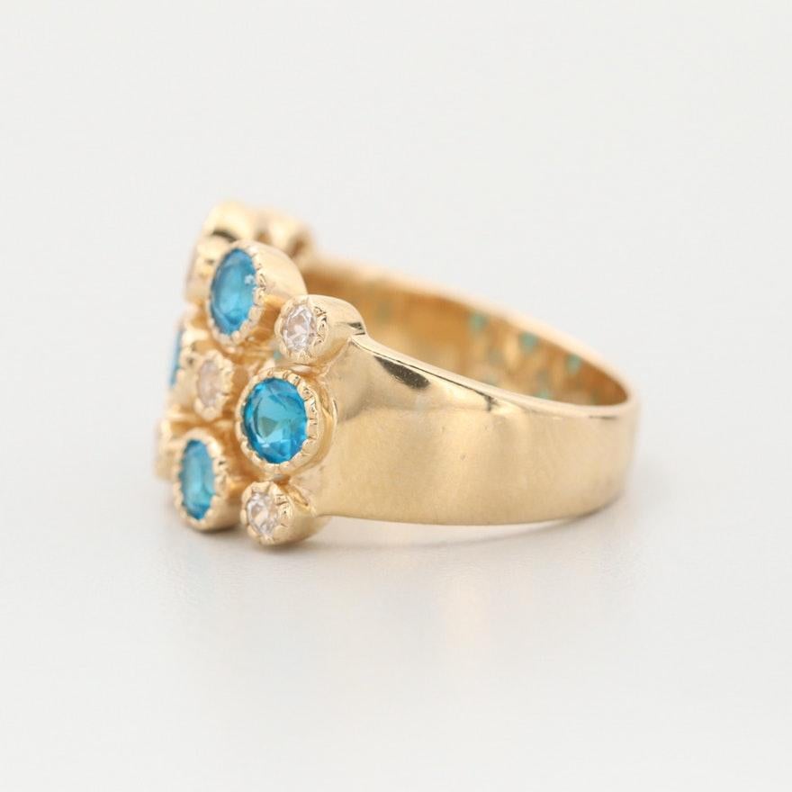 Round Cut 14 Karat Gold Blue Apatite and White Zircon Ring Bezel Set 3-Row Fashion Ring