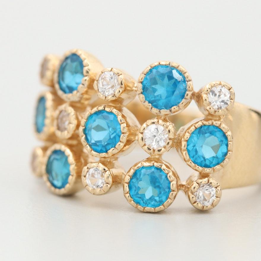 14 Karat Gold Blue Apatite and White Zircon Ring Bezel Set 3-Row Fashion Ring In Good Condition In Addison, TX