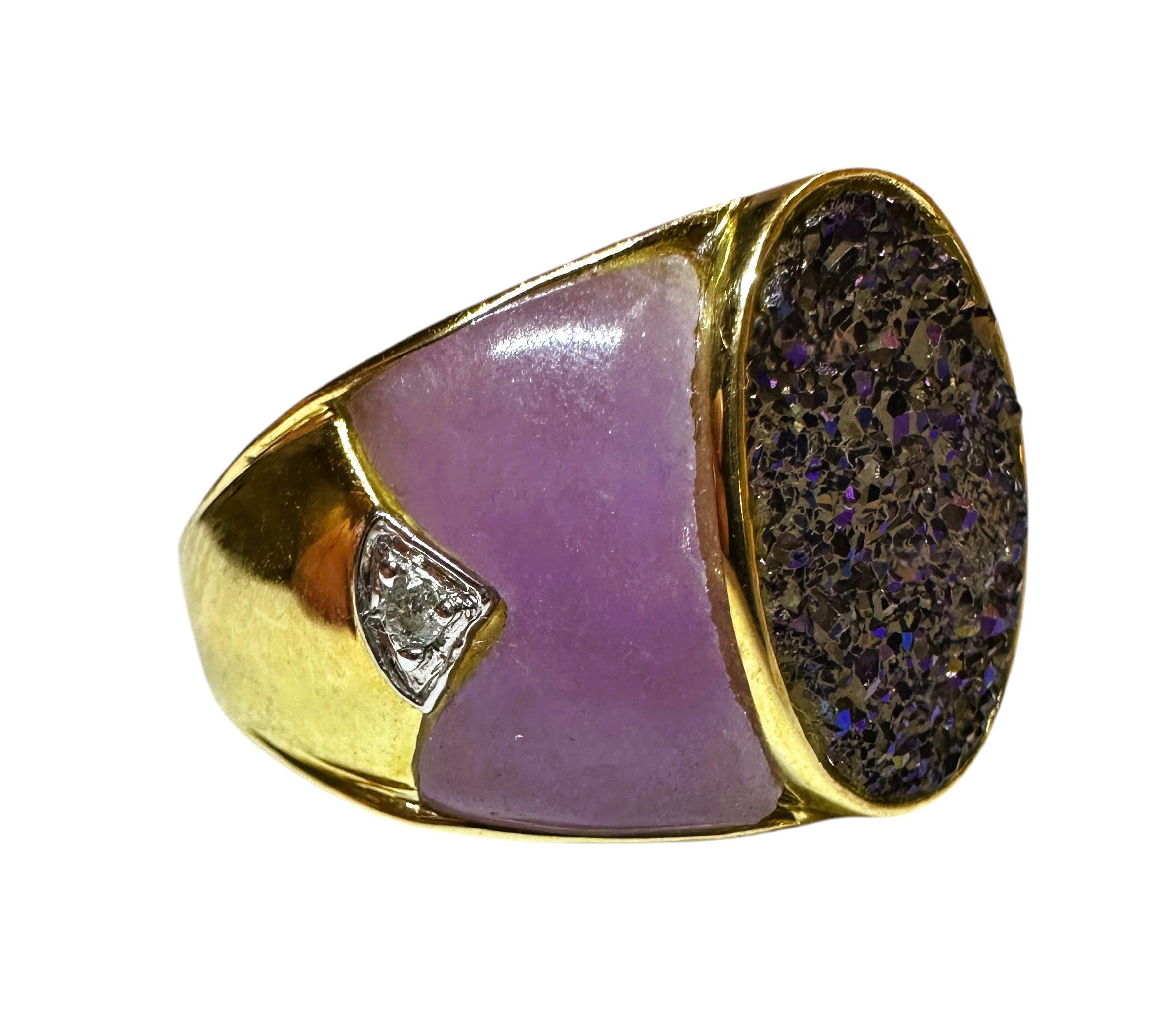 Oval Cut 14K Yellow Gold Blue Druzy, Purple Jade & Diamond Ring Size 7 For Sale