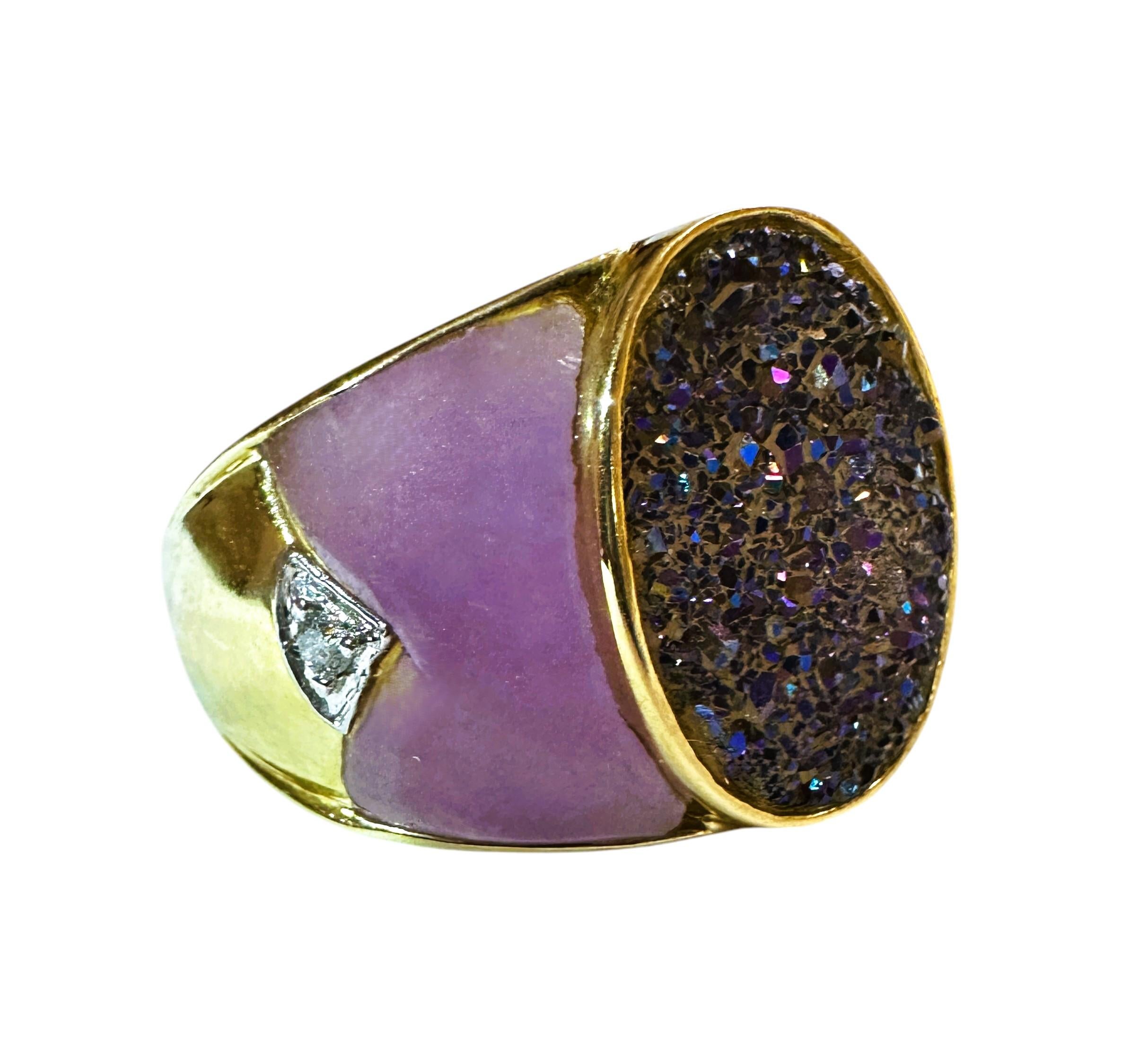14K Yellow Gold Blue Druzy, Purple Jade & Diamond Ring Size 7 In Excellent Condition For Sale In Eagan, MN