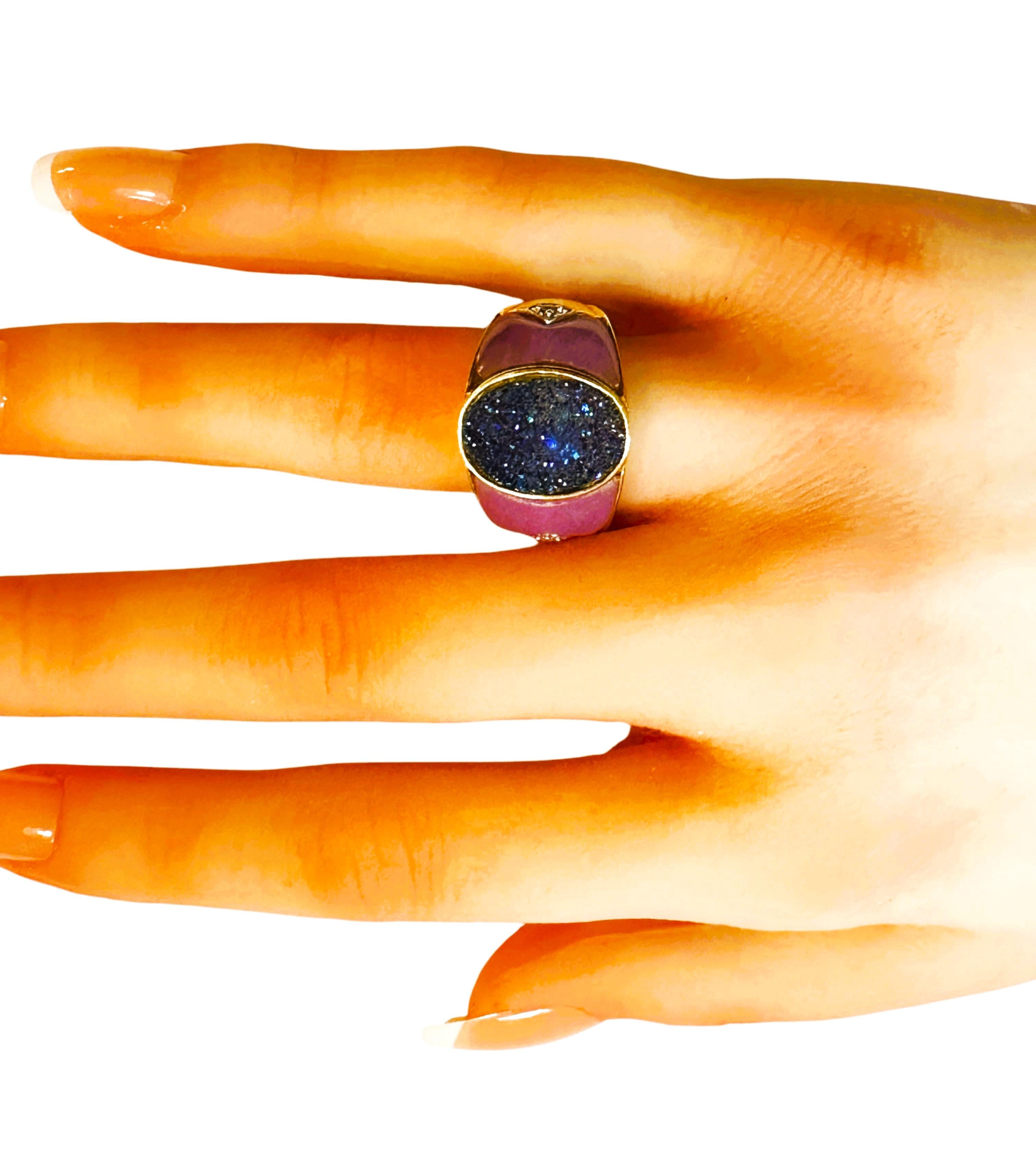 14K Yellow Gold Blue Druzy, Purple Jade & Diamond Ring Size 7 For Sale 5
