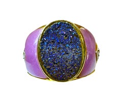 14K Yellow Gold Blue Druzy, Purple Jade & Diamond Ring Size 7