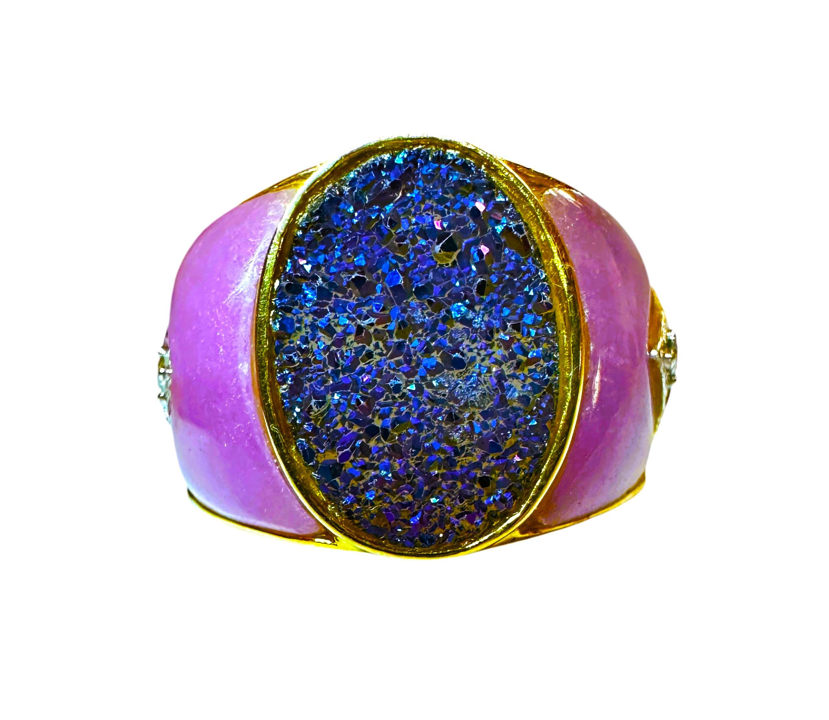 Women's 14K Yellow Gold Blue Druzy, Purple Jade & Diamond Ring Size 7 For Sale