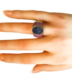14K Yellow Gold Blue Druzy, Purple Jade & Diamond Ring Size 7