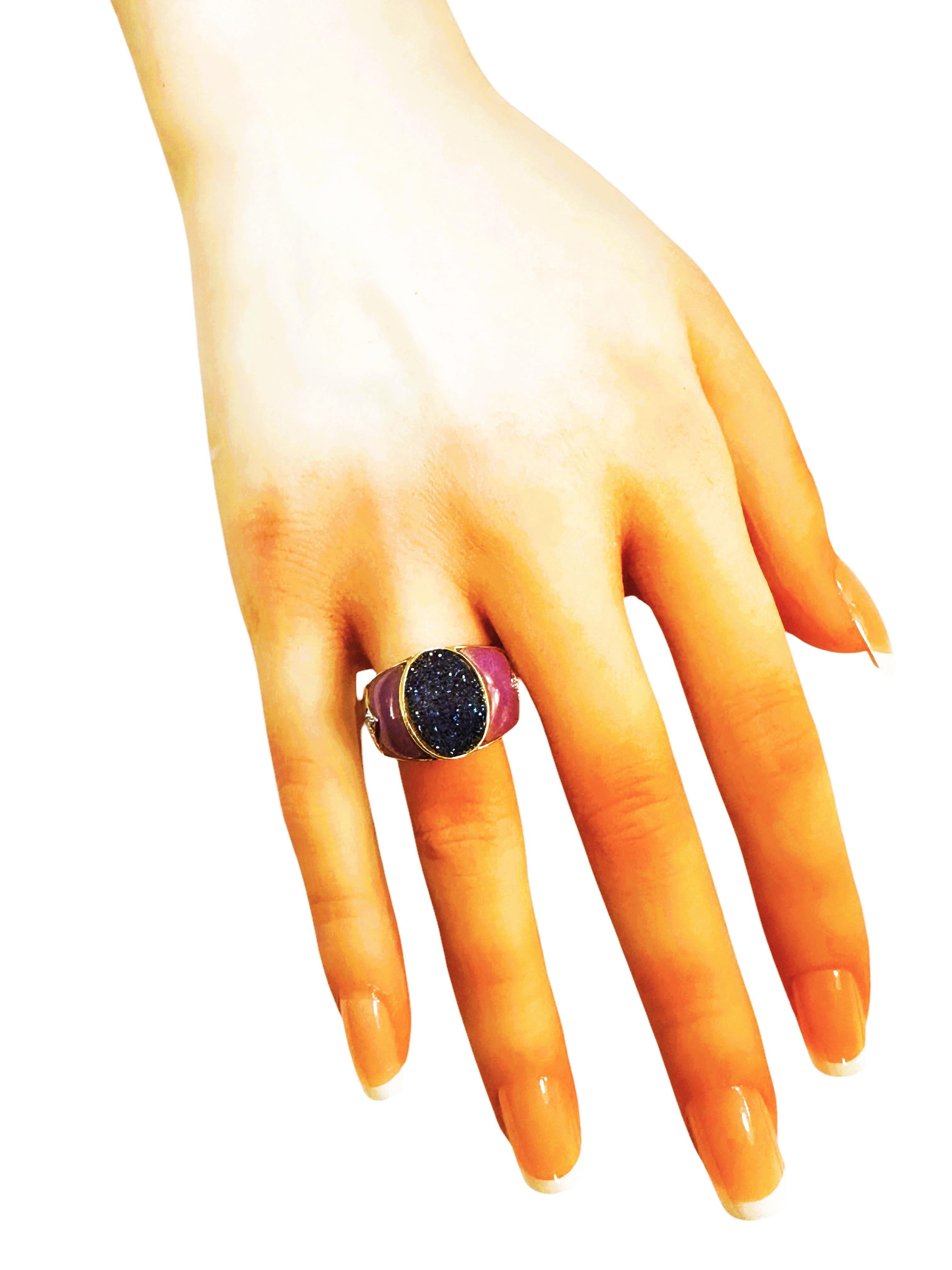 14K Yellow Gold Blue Druzy, Purple Jade & Diamond Ring Size 7 For Sale 3