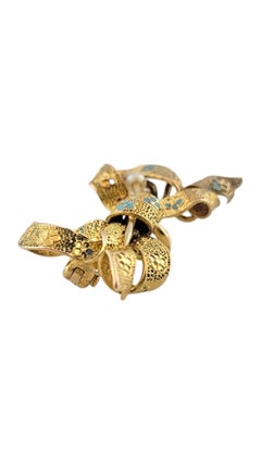 14K Yellow Gold Blue Enamel and Pearl Bow Pin #16256
