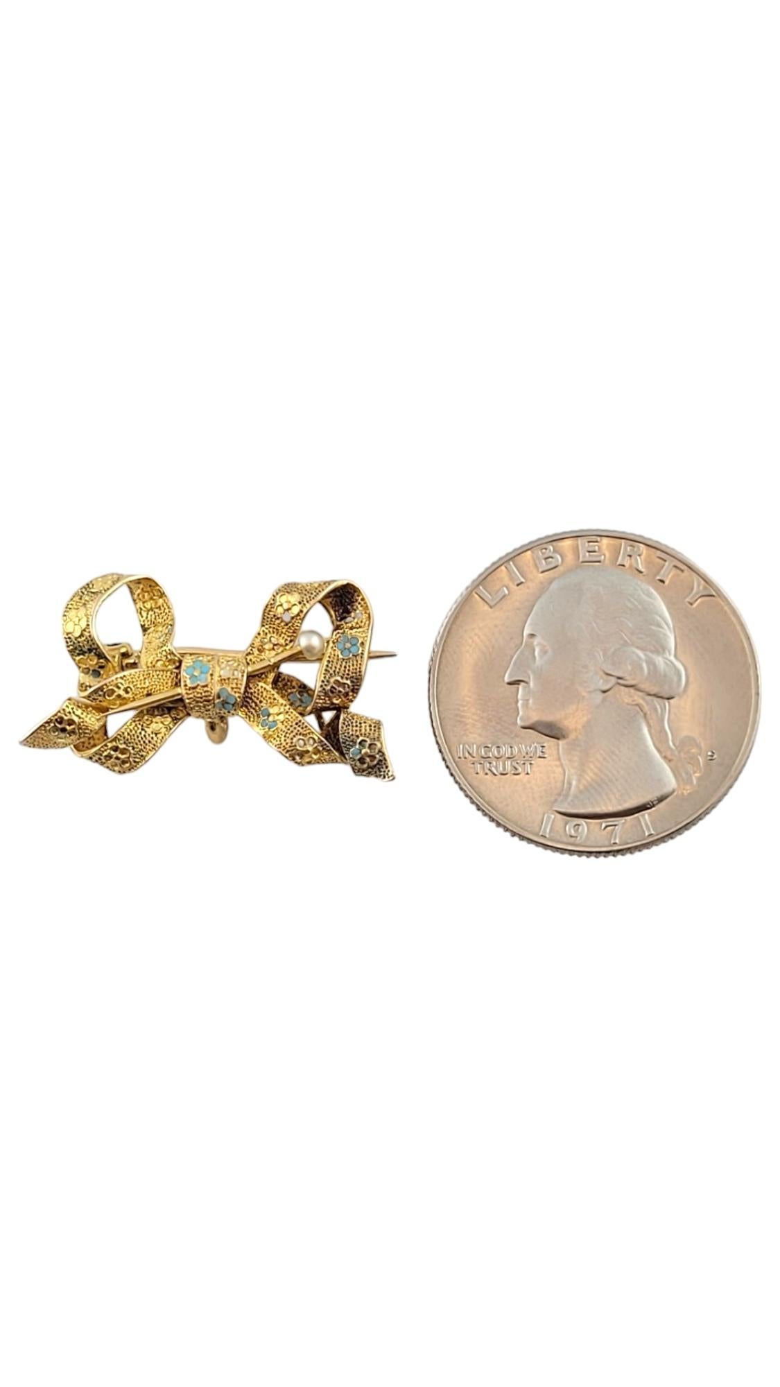 14K Yellow Gold Blue Enamel and Pearl Bow Pin #16256 For Sale 4