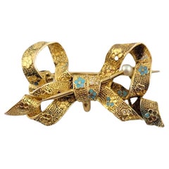 14K Yellow Gold Blue Enamel and Pearl Bow Pin #16256