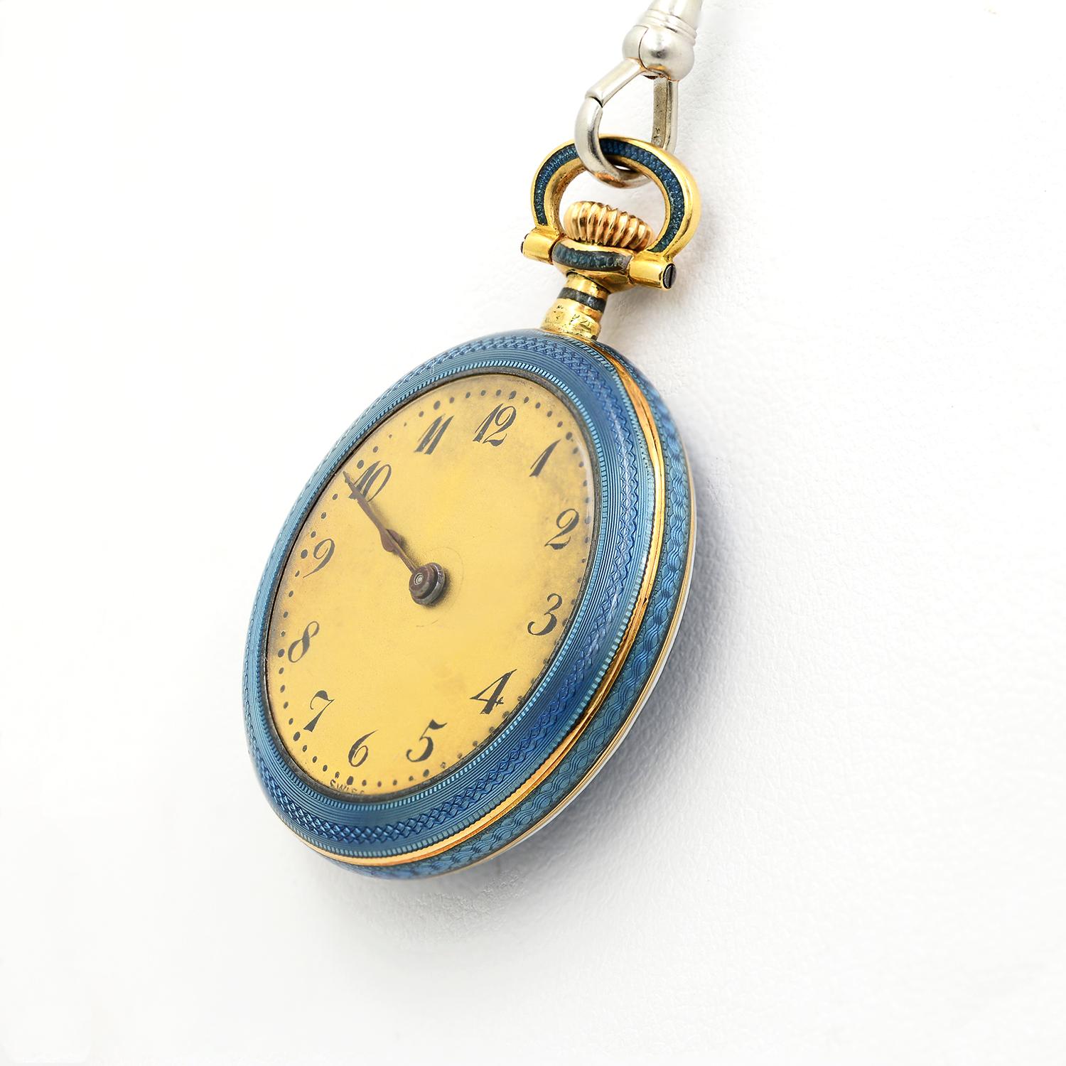 14k Yellow Gold & Blue Enamel Edwardian Pendant Watch Necklace For Sale 3