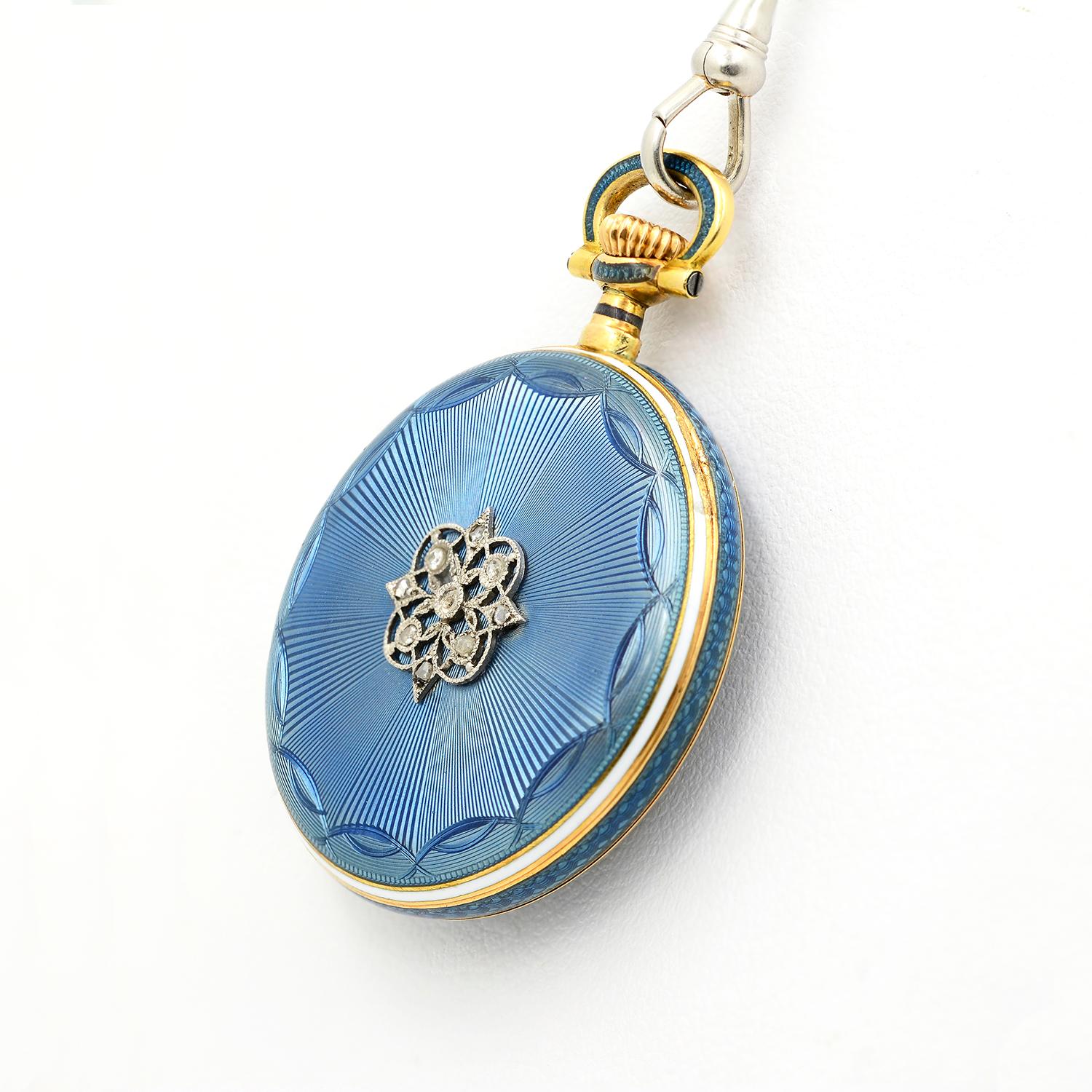 14k Yellow Gold & Blue Enamel Edwardian Pendant Watch Necklace For Sale 5
