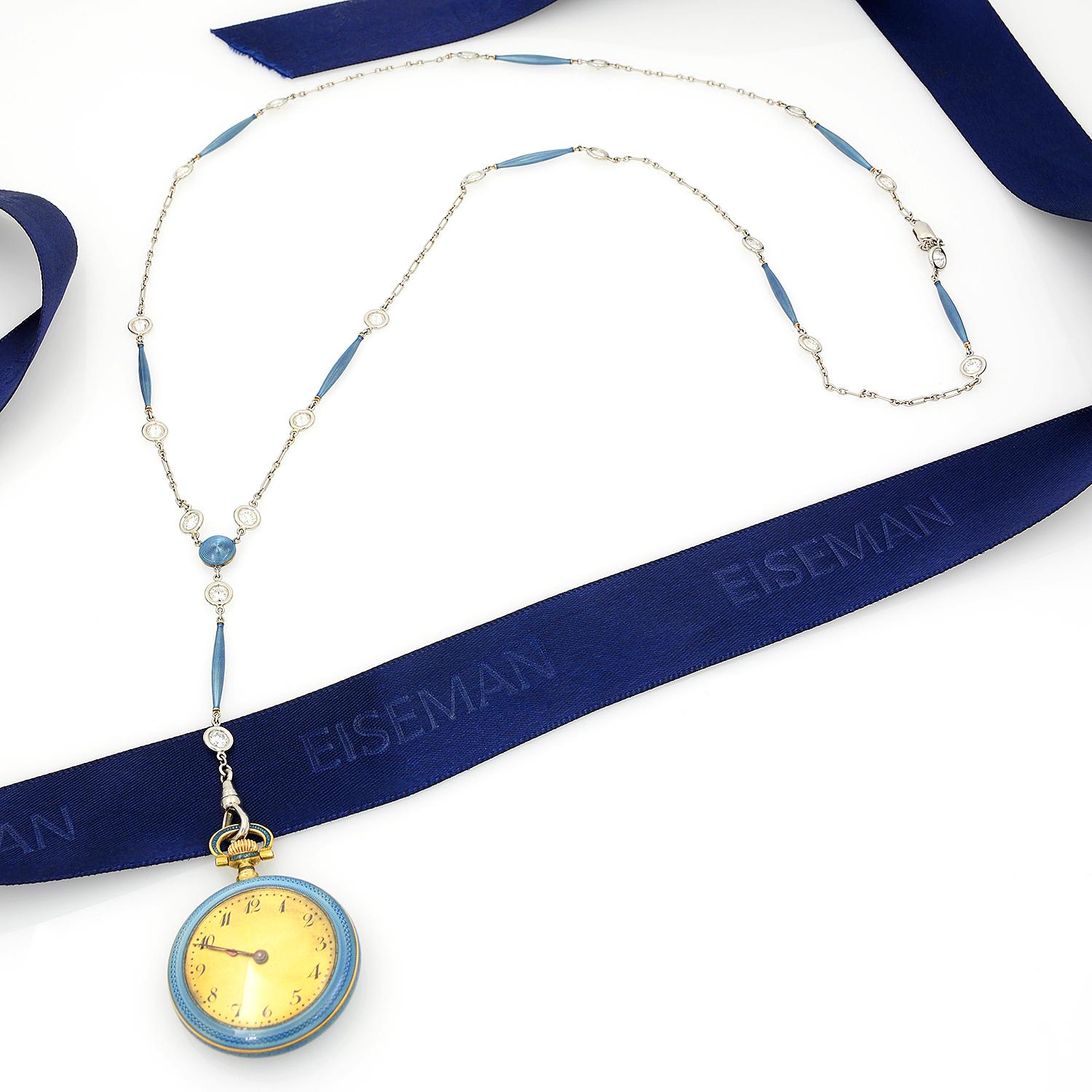 14k Yellow Gold & Blue Enamel Edwardian Pendant Watch Necklace For Sale 7