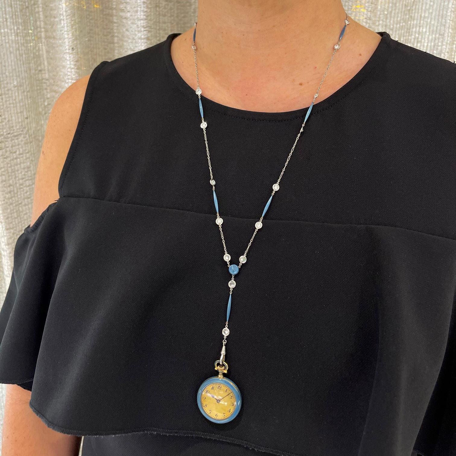 14k Yellow Gold & Blue Enamel Edwardian Pendant Watch Necklace For Sale 8