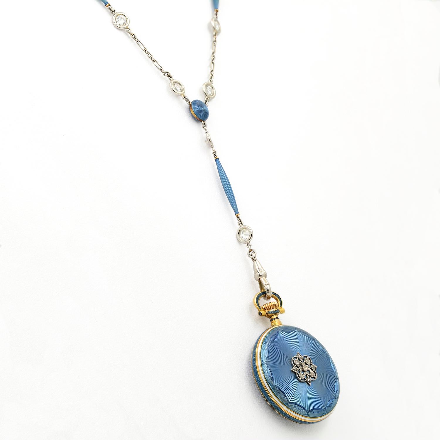 Rose Cut 14k Yellow Gold & Blue Enamel Edwardian Pendant Watch Necklace For Sale
