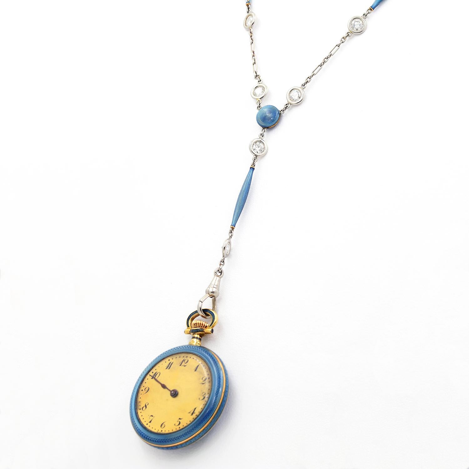14k Yellow Gold & Blue Enamel Edwardian Pendant Watch Necklace In Good Condition For Sale In Dallas, TX