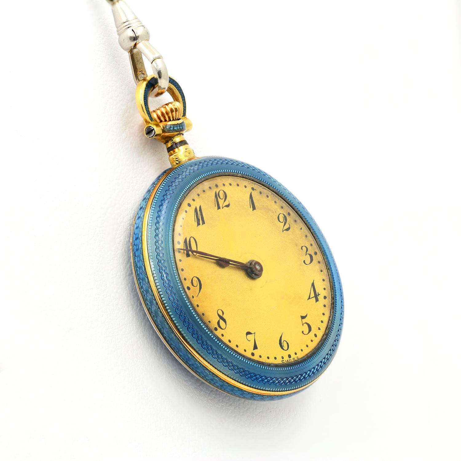 14k Yellow Gold & Blue Enamel Edwardian Pendant Watch Necklace For Sale 2