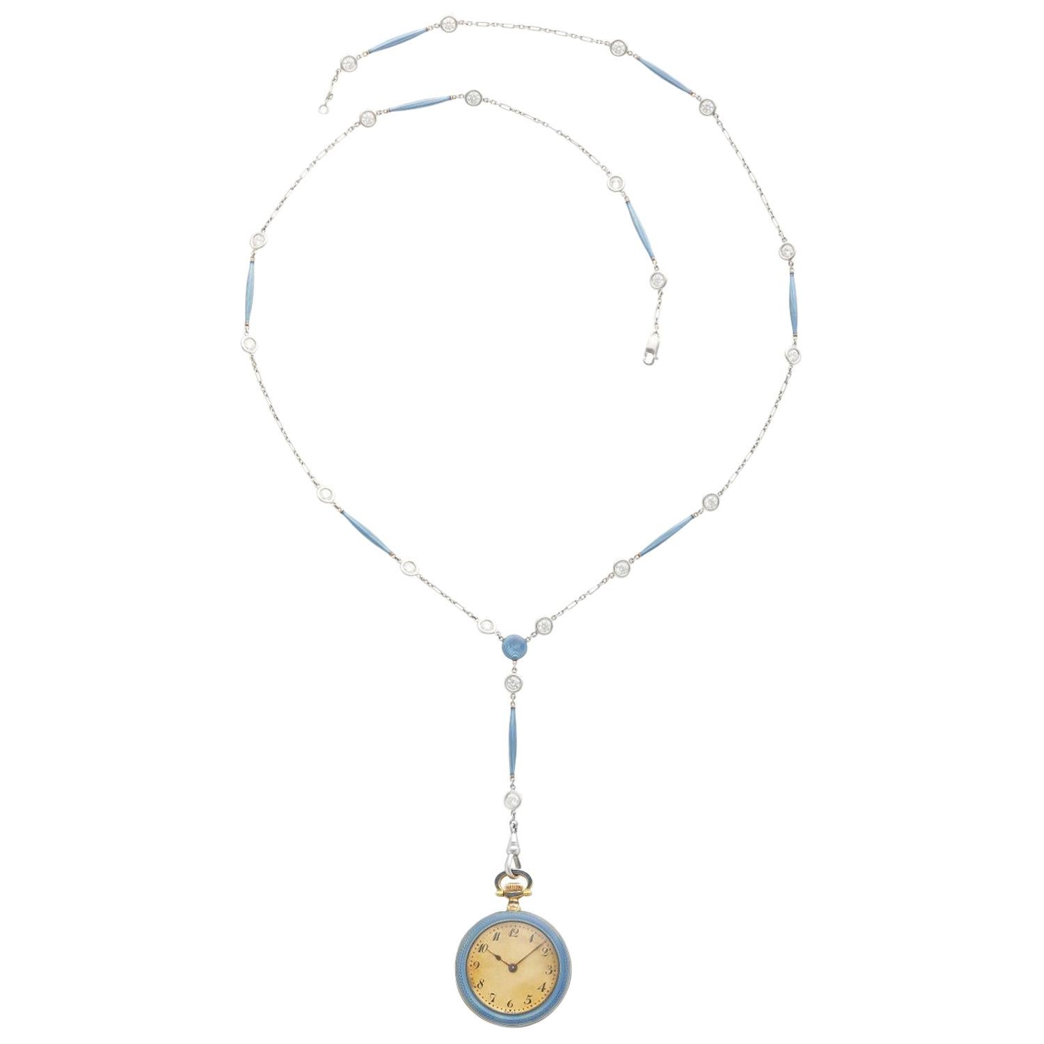 14k Yellow Gold & Blue Enamel Edwardian Pendant Watch Necklace