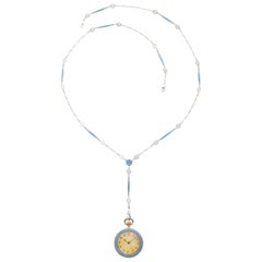 14k Yellow Gold & Blue Enamel Edwardian Pendant Watch Necklace