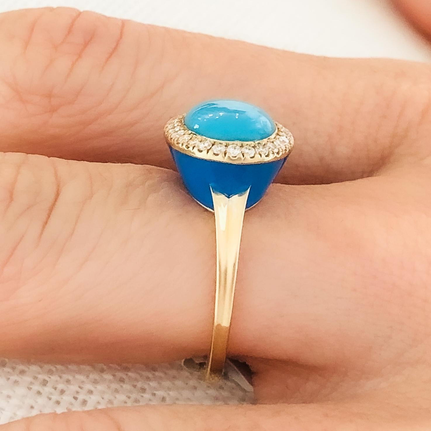 Contemporain bague en or jaune 14 carats:: émail bleu:: cabochon de turquoise et diamant
