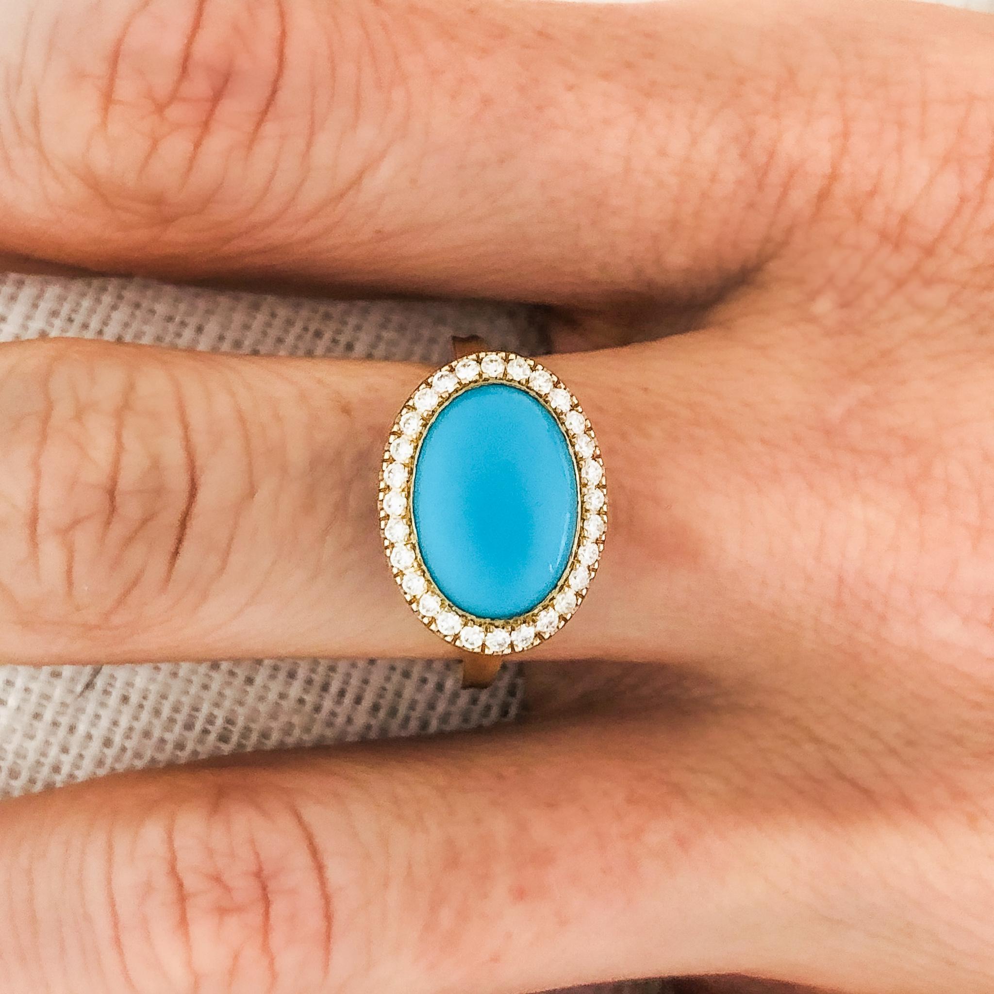 Contemporary 14 Karat Yellow Gold Blue Enamel Turquoise Cabochon and Diamond Ring