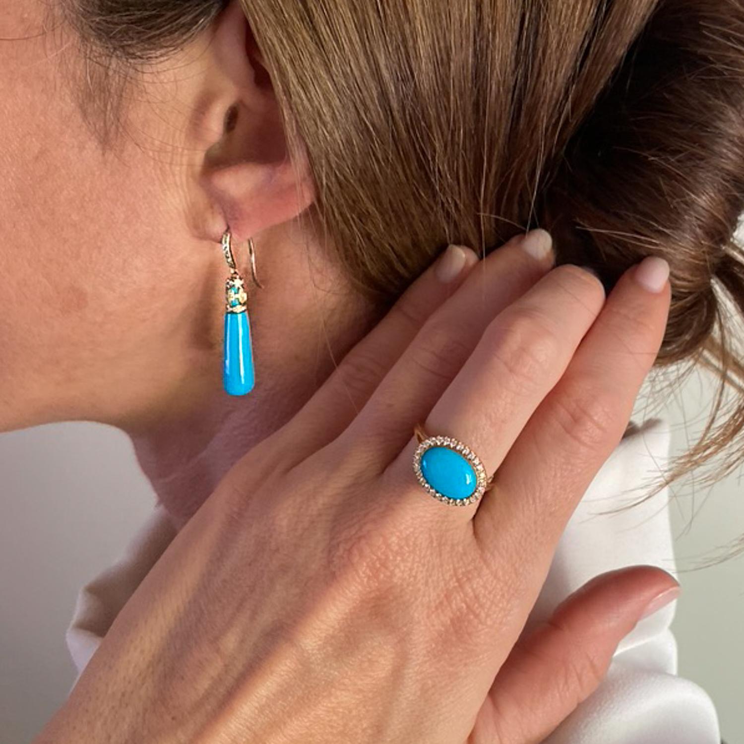 bague en or jaune 14 carats:: émail bleu:: cabochon de turquoise et diamant Neuf à Mountain Brook, AL