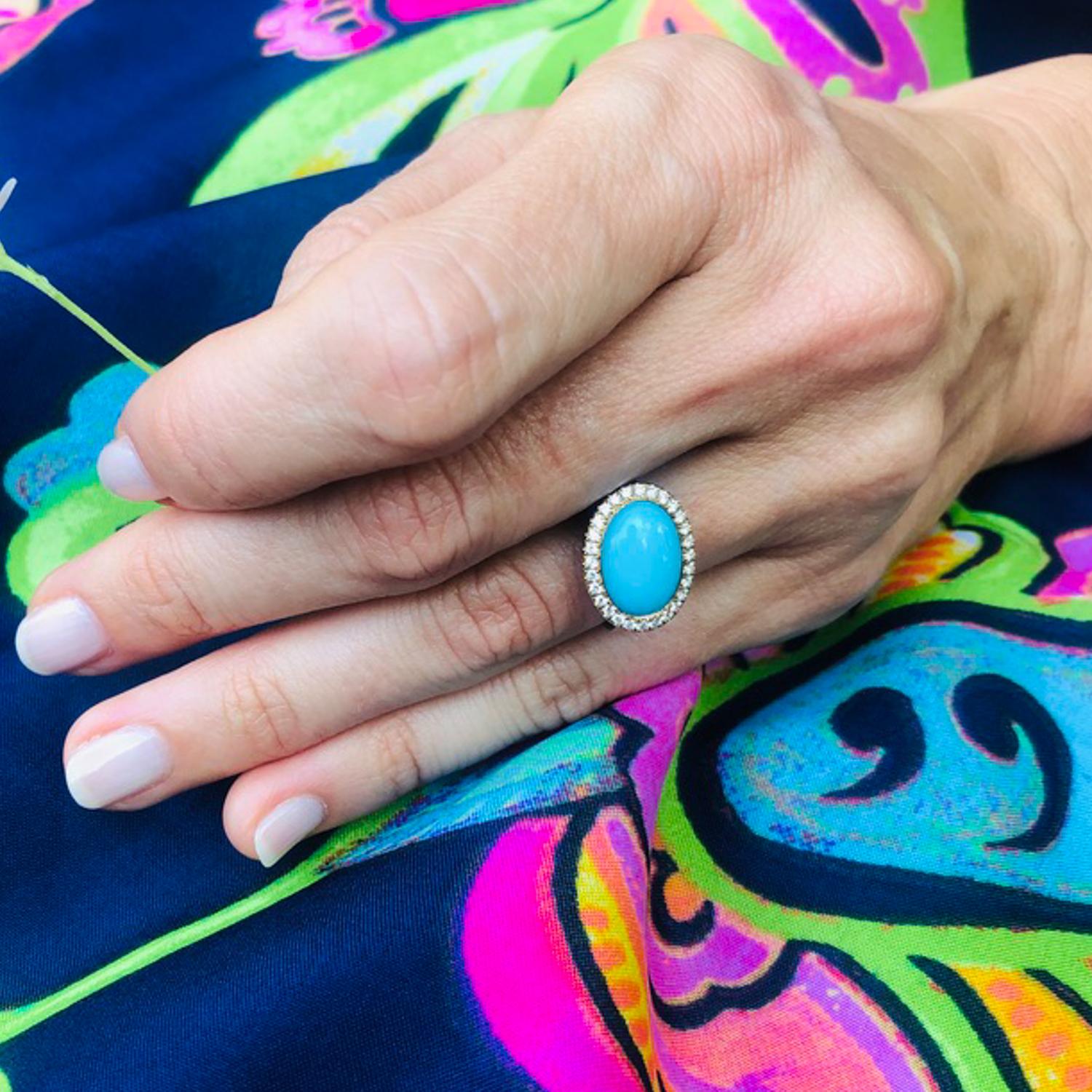 14 Karat Yellow Gold Blue Enamel Turquoise Cabochon and Diamond Ring In New Condition In Mountain Brook, AL