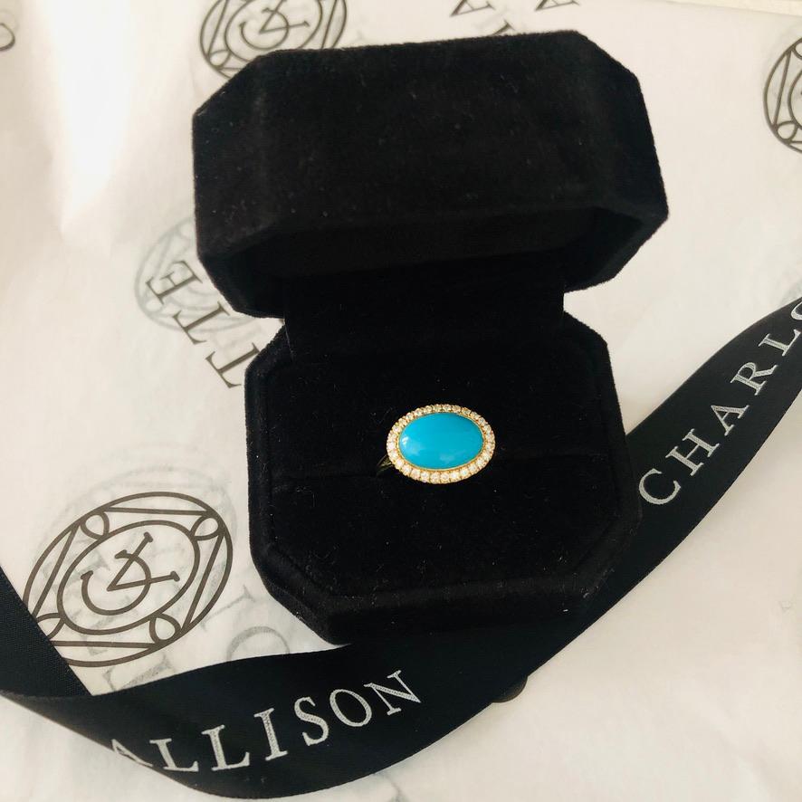 bague en or jaune 14 carats:: émail bleu:: cabochon de turquoise et diamant 1