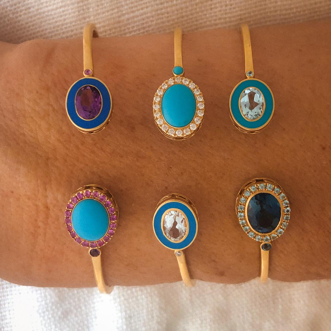14k Yellow Gold Blue Enamel, Turquoise Cabochon and Pink Sapphire Cuff Bracelet For Sale 2