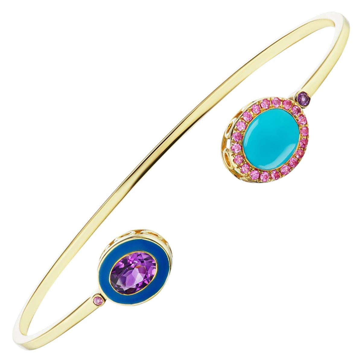 14k Yellow Gold Blue Enamel, Turquoise Cabochon and Pink Sapphire Cuff Bracelet For Sale