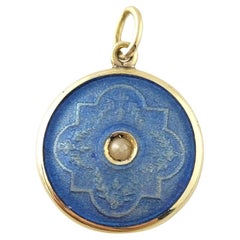 14K Yellow Gold Blue Fabric Pendant with Seed Pearl #16908