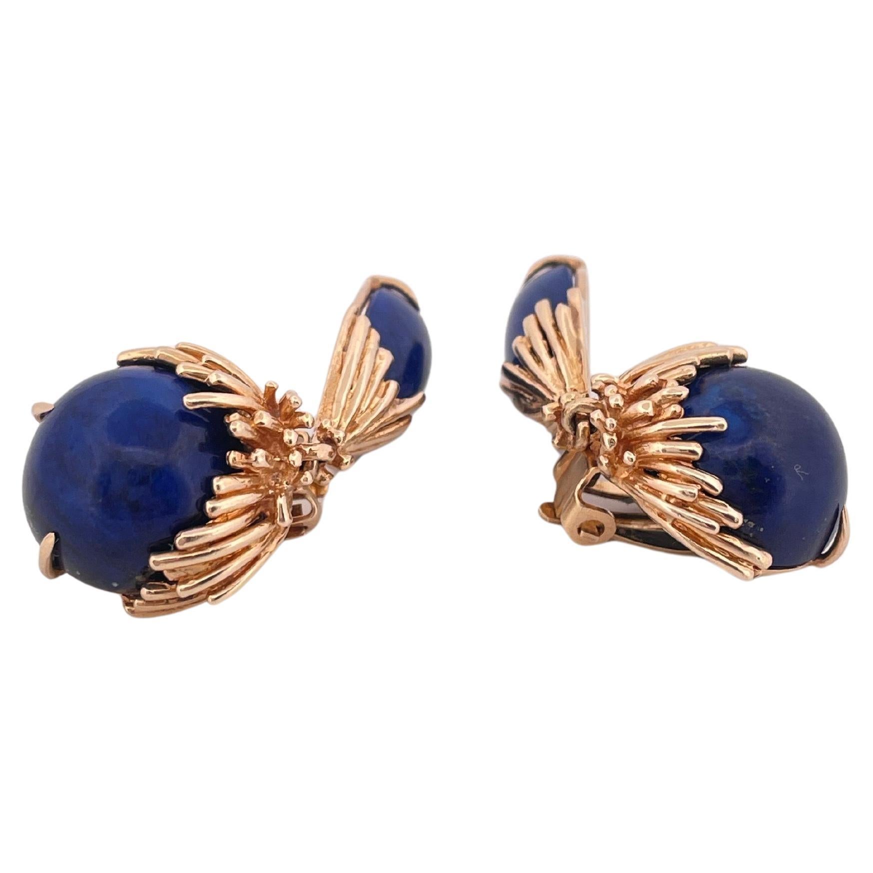 Retro Blue Lapis Dangle Clip-on Earrings Set in 14k Yellow Gold For Sale