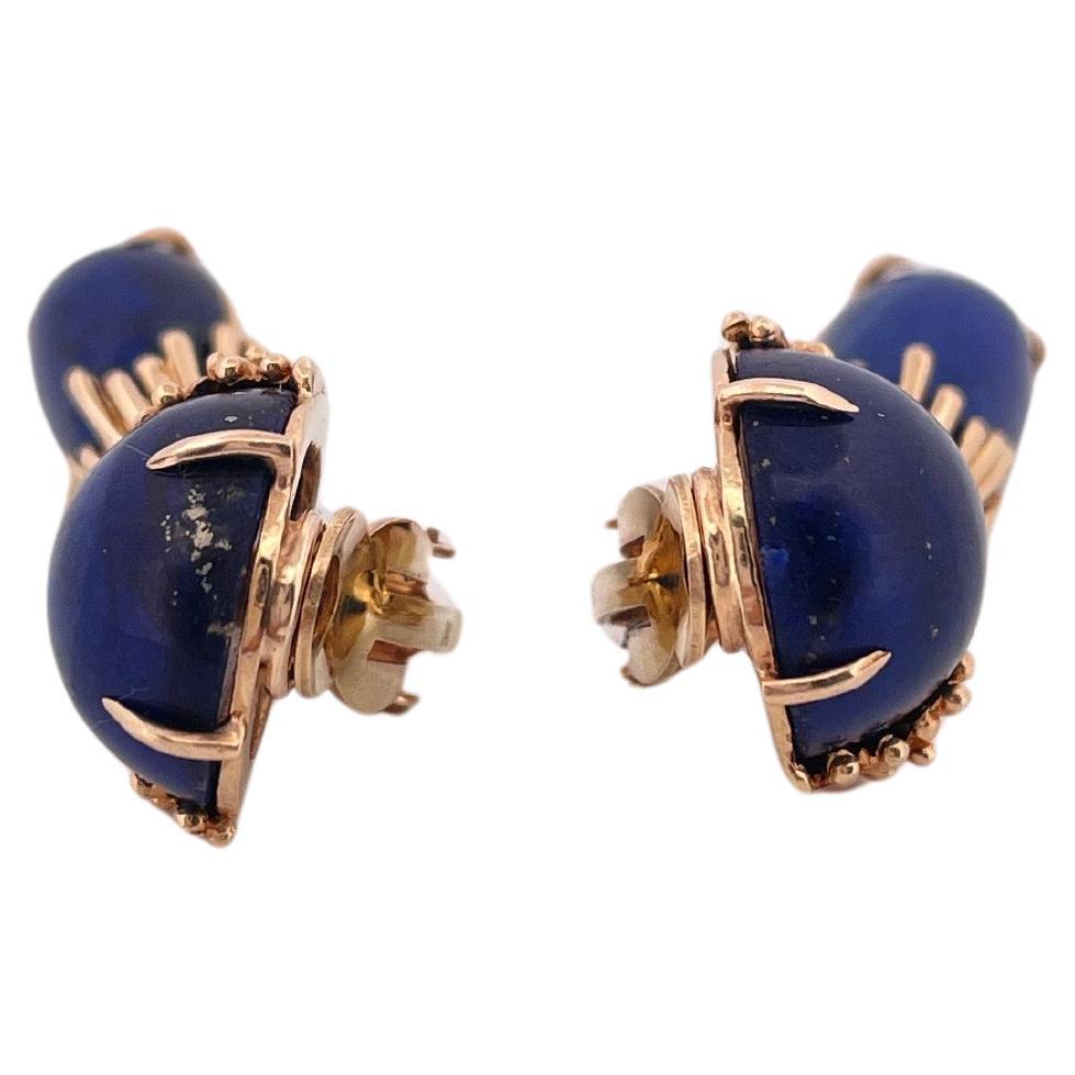 Cabochon Blue Lapis Dangle Clip-on Earrings Set in 14k Yellow Gold For Sale