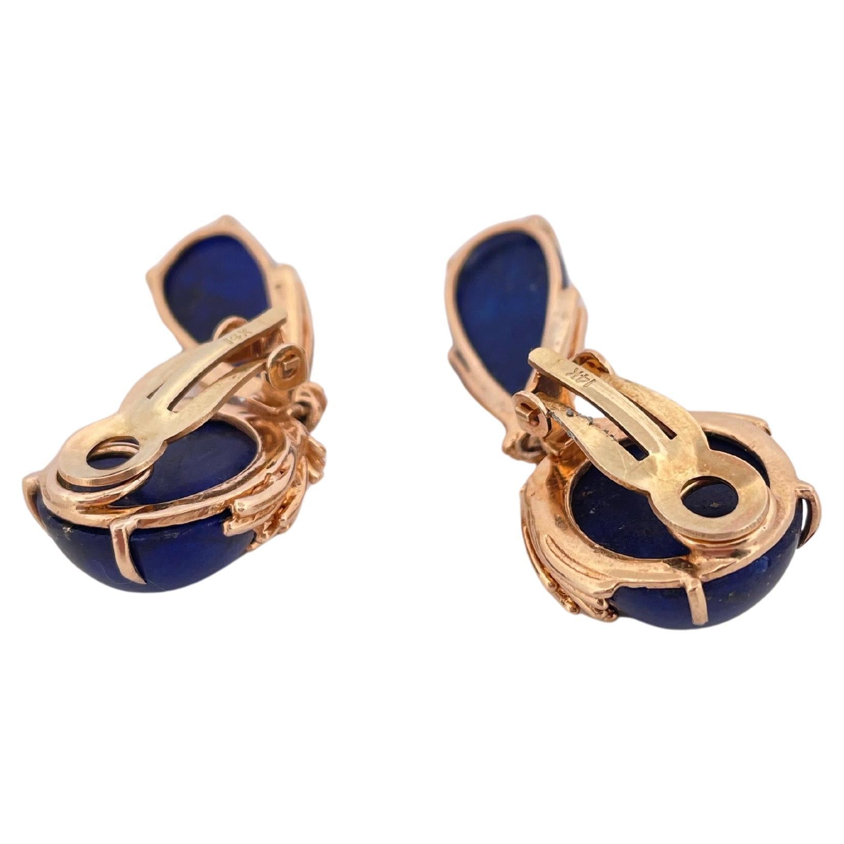 Blue Lapis Dangle Clip-on Earrings Set in 14k Yellow Gold In Good Condition For Sale In Sewickley, PA