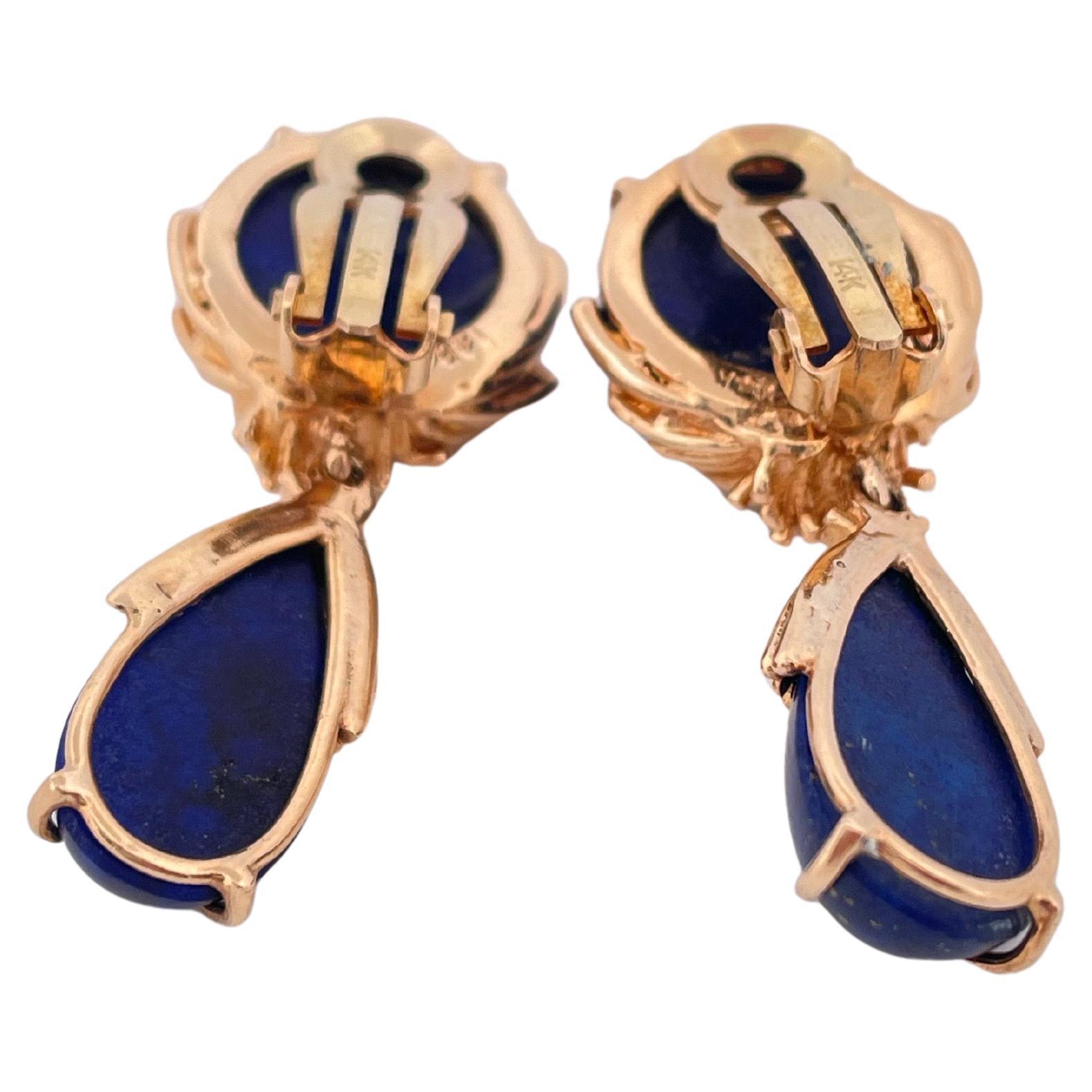 Women's or Men's Blue Lapis Dangle Clip-on Earrings Set in 14k Yellow Gold For Sale