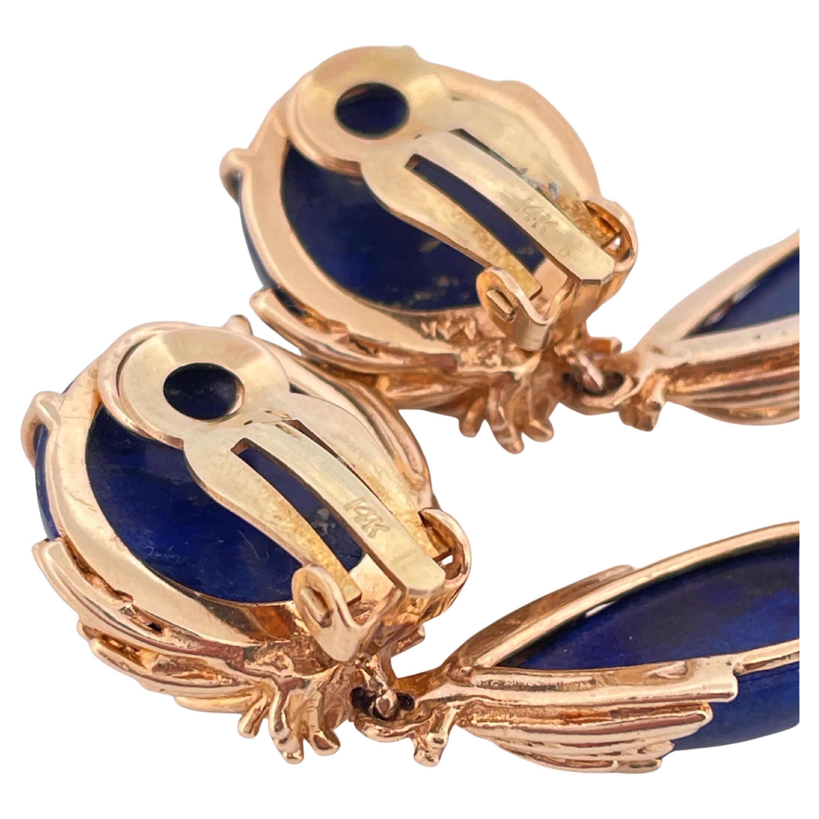 Blue Lapis Dangle Clip-on Earrings Set in 14k Yellow Gold For Sale 1