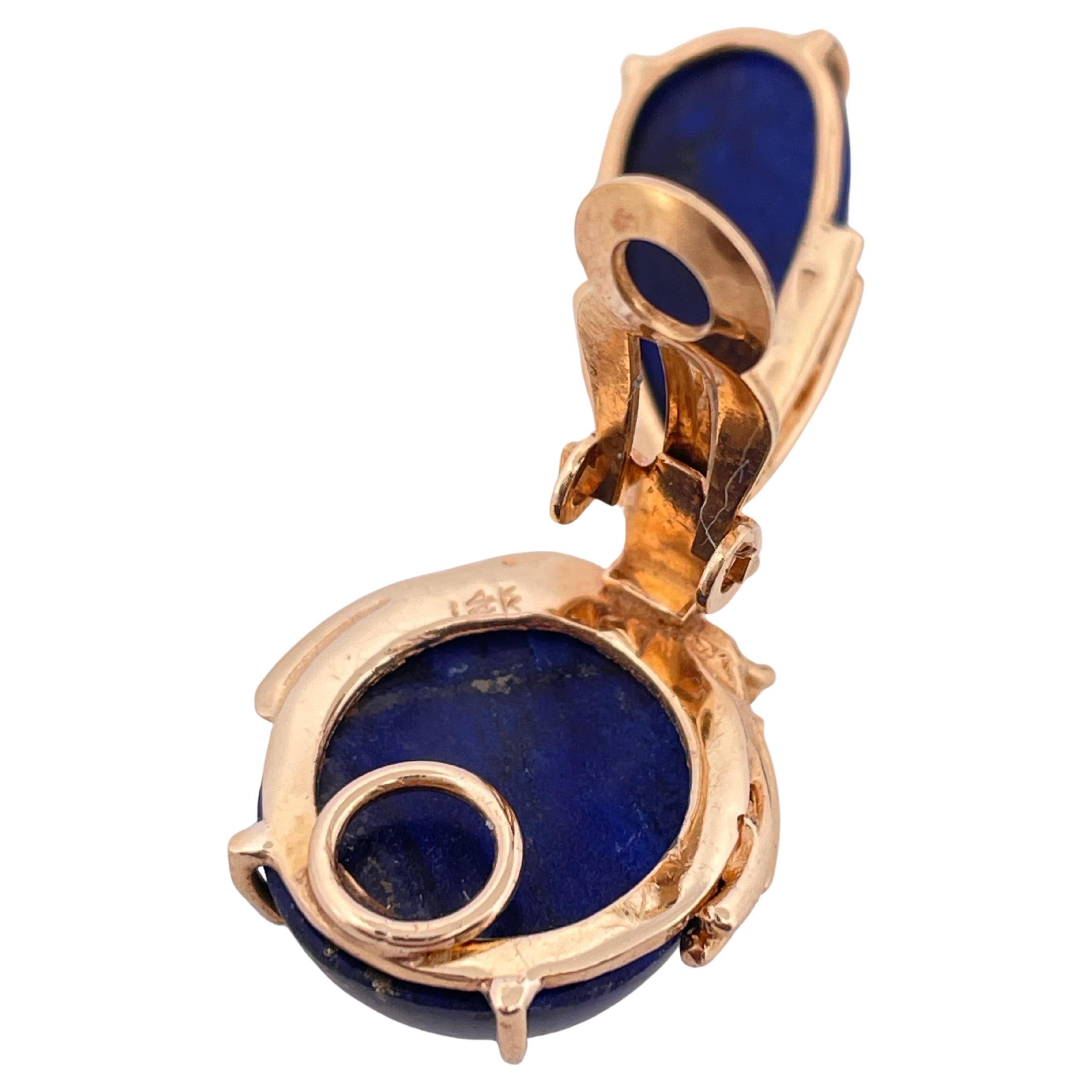 Blue Lapis Dangle Clip-on Earrings Set in 14k Yellow Gold For Sale 2