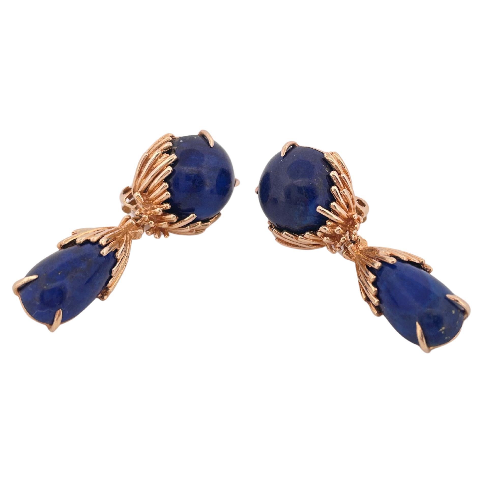 Blue Lapis Dangle Clip-on Earrings Set in 14k Yellow Gold For Sale