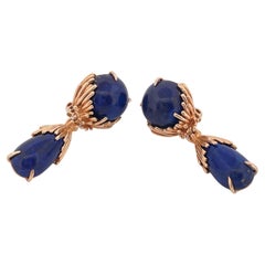 Blue Lapis Dangle Clip-on Earrings Set in 14k Yellow Gold
