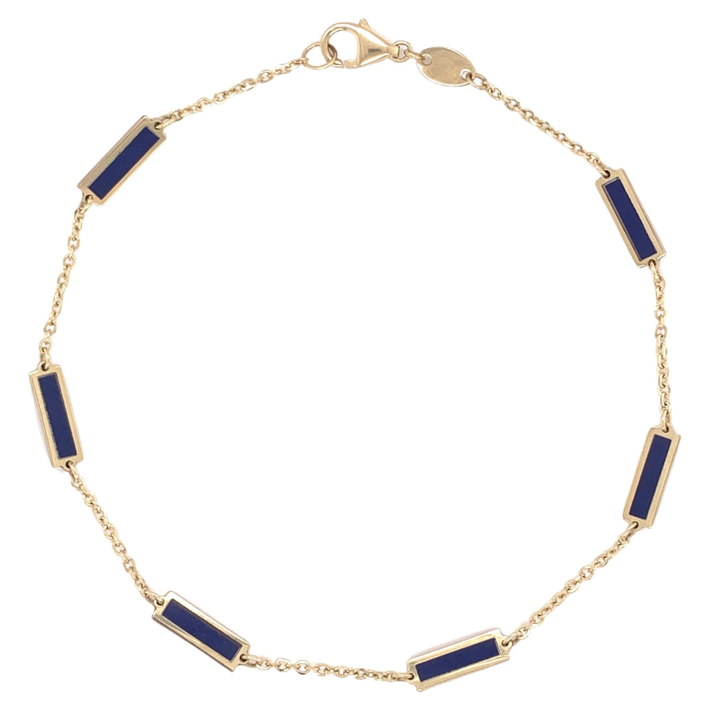 14k Yellow Gold & Blue Lapis Inlay Station Bar Bracelet For Sale
