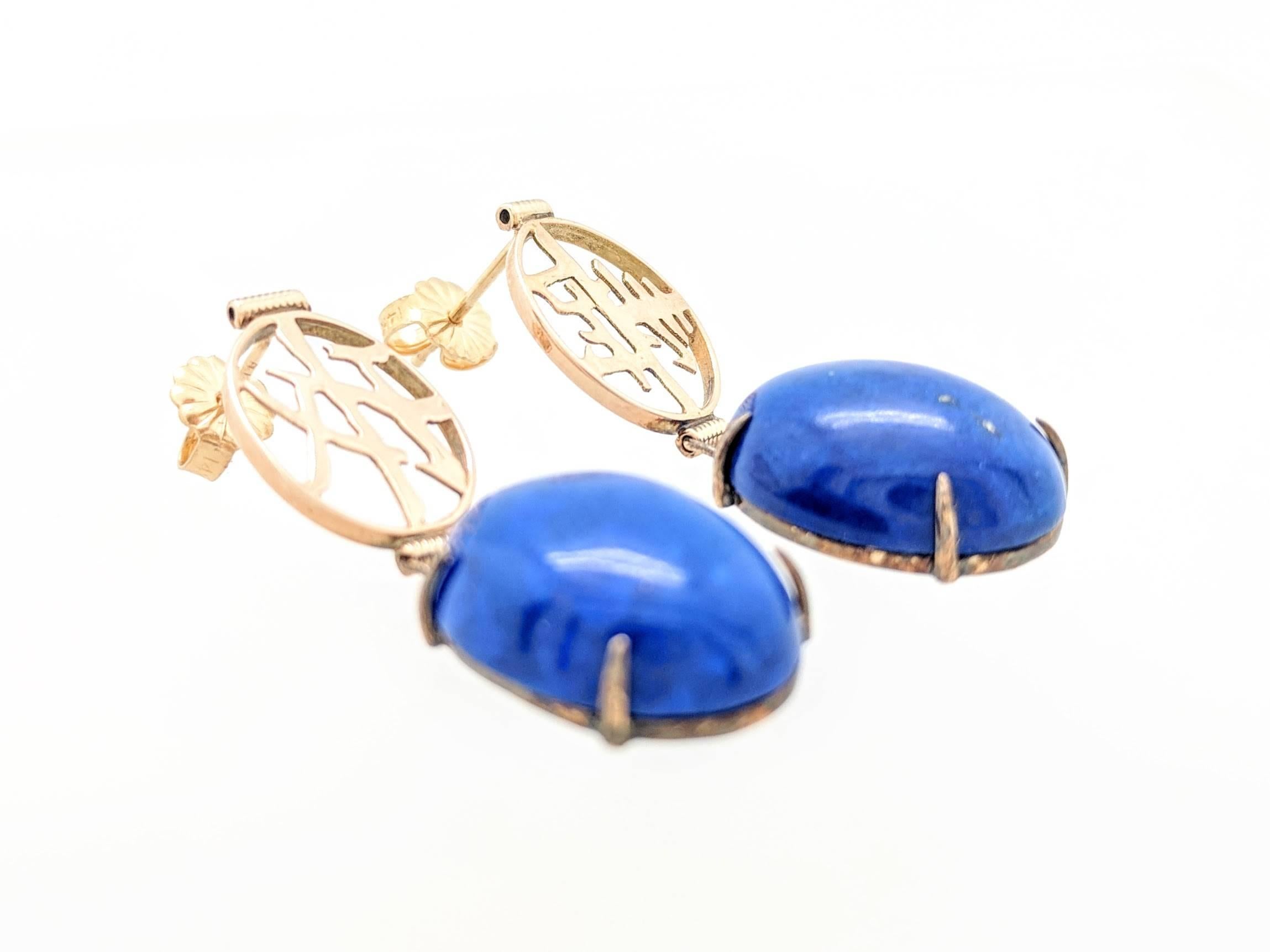 Contemporary 14K Yellow Gold Blue Lapis Peace & Long Life Chinese Symbol Dangle Drop Earrings