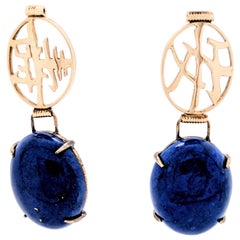 14K Yellow Gold Blue Lapis Peace & Long Life Chinese Symbol Dangle Drop Earrings