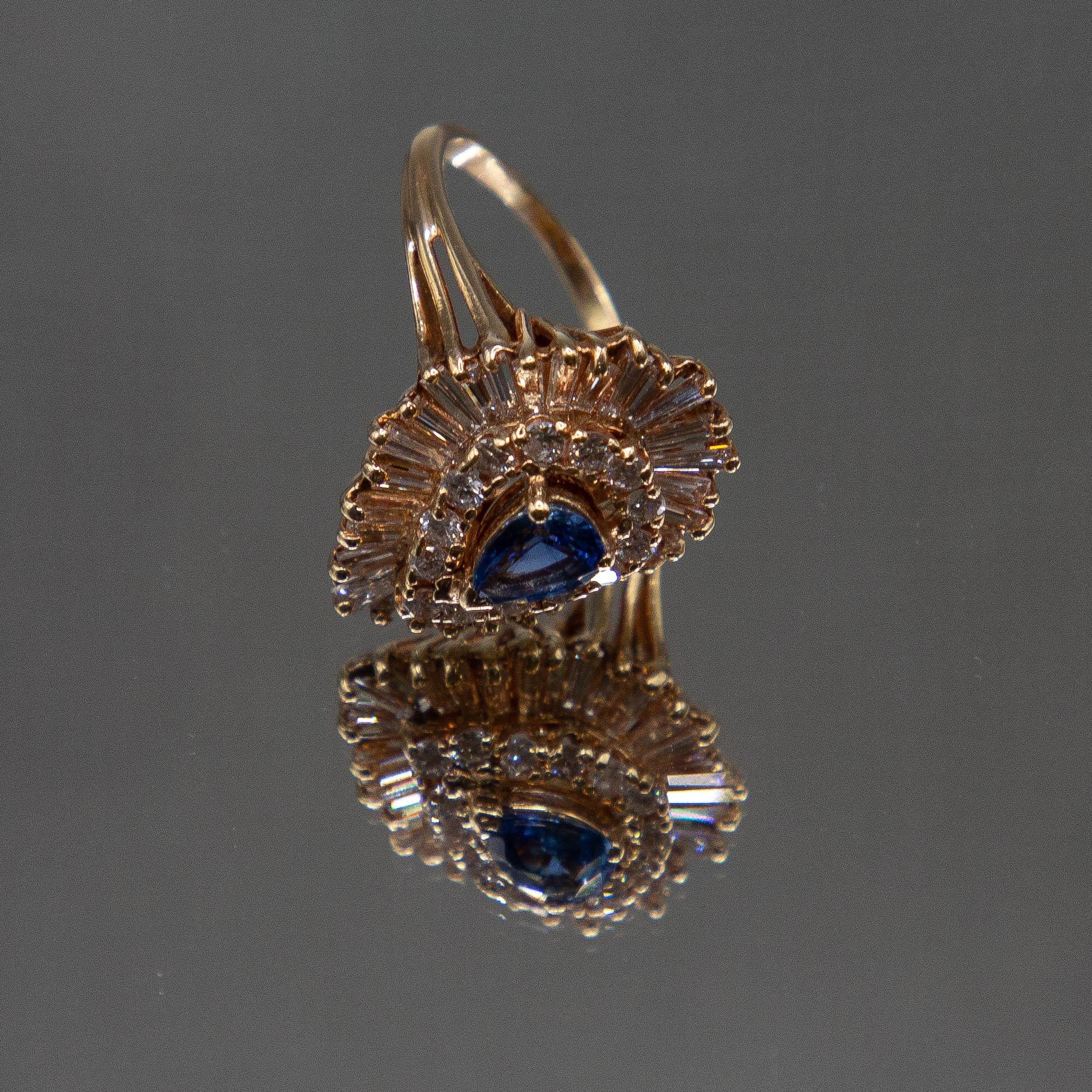 Contemporary 14K Yellow Gold Blue Pear Shaped Ceylon Sapphire/Diamond Ring 2.35 Carats Total For Sale