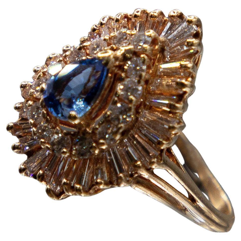 14K Yellow Gold Blue Pear Shaped Ceylon Sapphire/Diamond Ring 2.35 Carats Total For Sale